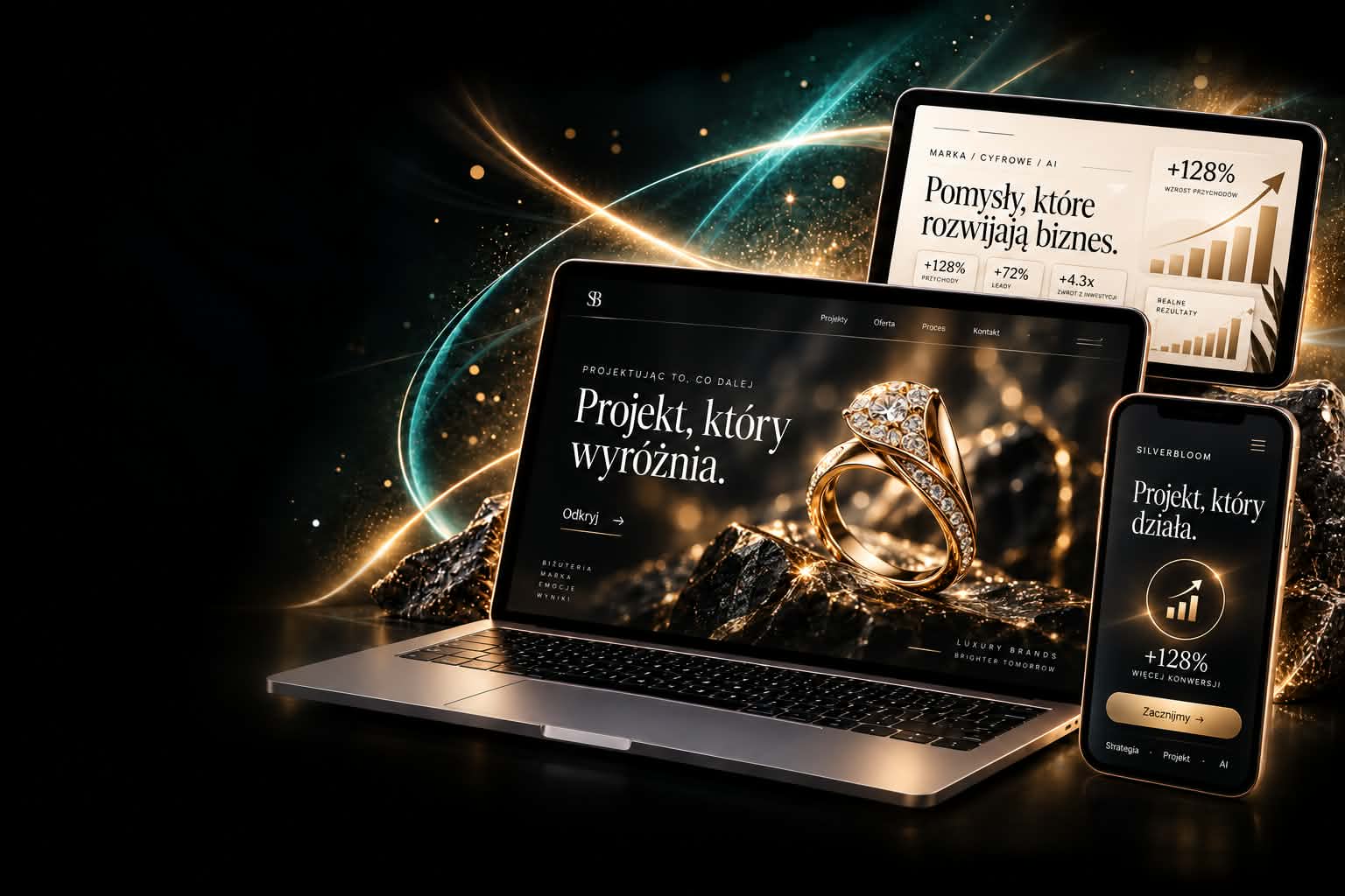 Laptop, tablet i smartfon prezentujące projekty SilverBloom
